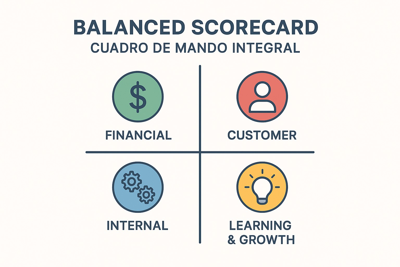 Gráfico circular mostrando las cuatro perspectivas del Balanced Scorecard: financiera, cliente, procesos internos, aprendizaje y crecimiento.