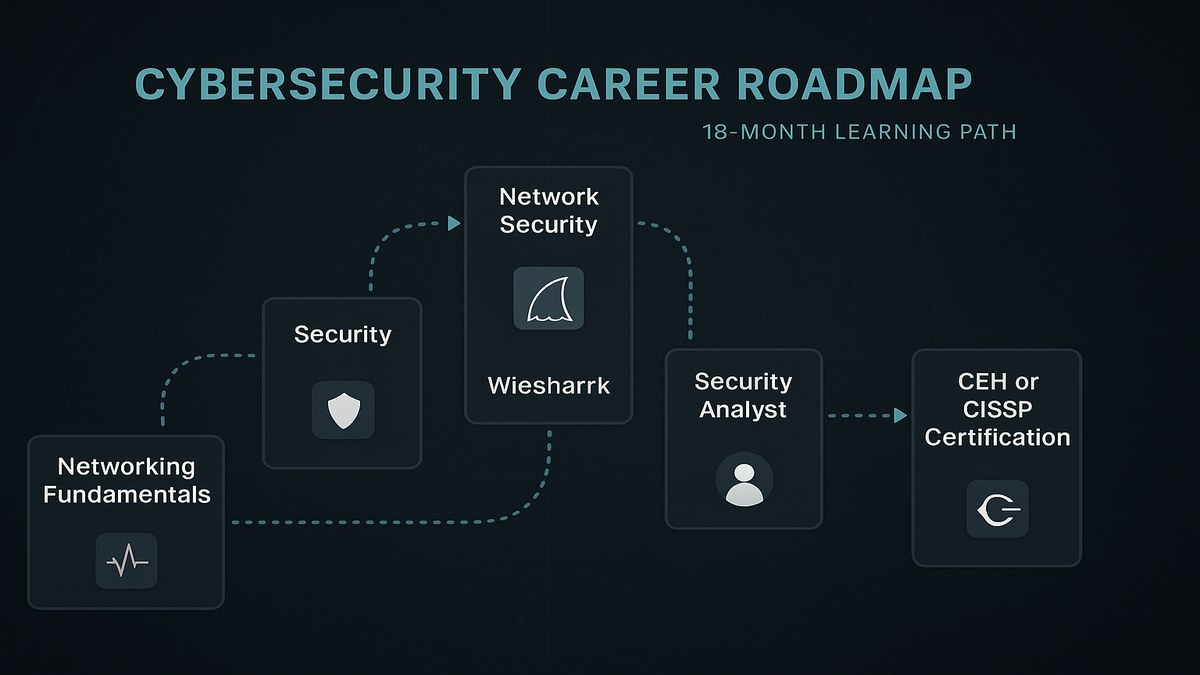 Infografía con la ruta de formación en ciberseguridad 2026: fundamentos de redes, CompTIA Security+, laboratorios prácticos, CEH, especialización y CISSP en 18 meses