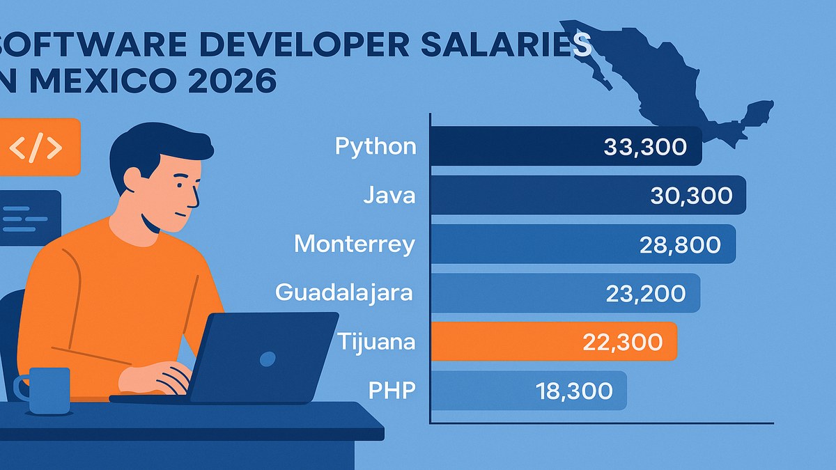 Infograf&iacute;a: sueldos desarrollo de software M&eacute;xico 2026 por lenguaje y ciudad