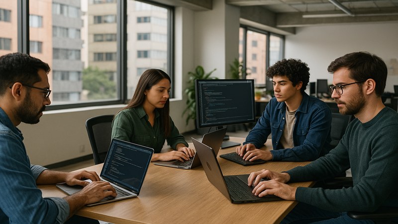 Desarrolladores de software en oficina moderna CDMX trabajando en c&oacute;digo