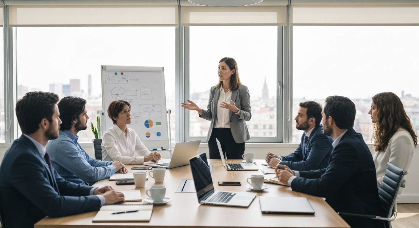 Claudia Méndez coaches eight mid-level tech managers in a modern Madrid office.