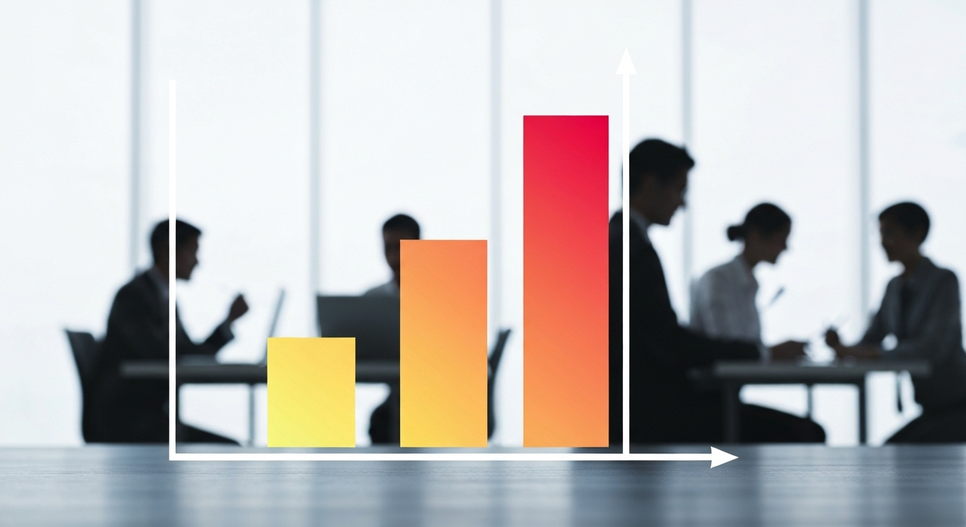 Bar graph depicting a 28% increase, with blurred office workers in background.