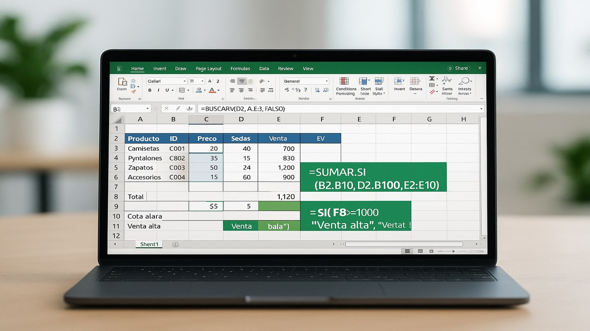 Pantalla de Excel mostrando fórmulas BUSCARV, SUMAR.SI y tabla de datos con referencias de celdas resaltadas