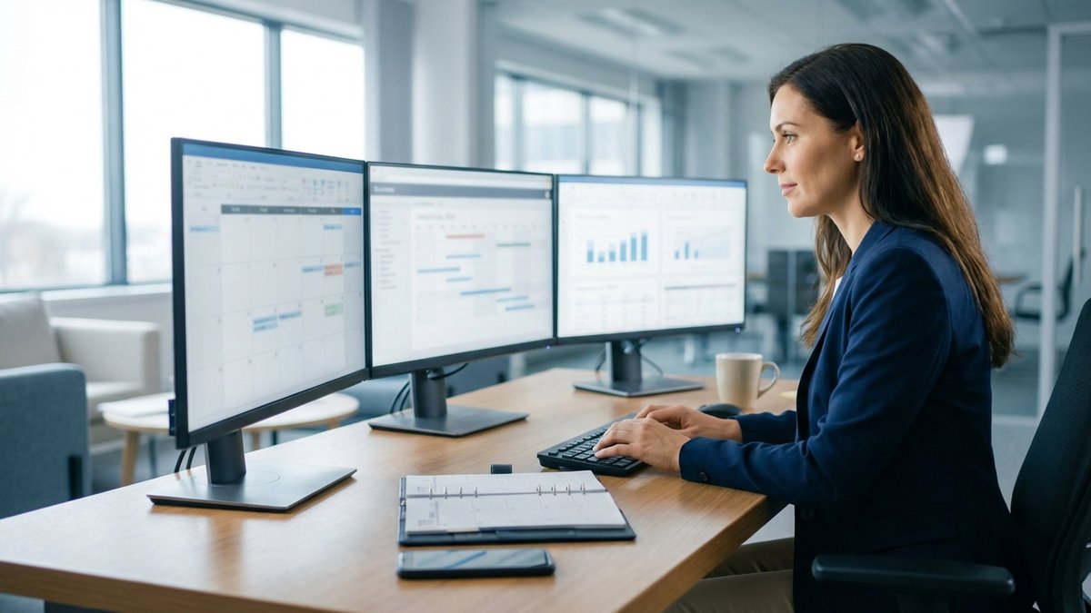 Secretaria ejecutiva trabajando en oficina moderna con computadora