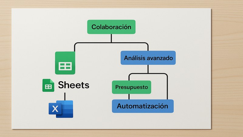 Diagrama de flujo de decisión para elegir entre Google Sheets y Excel según el caso de uso: colaboración, análisis avanzado, presupuesto y automatización