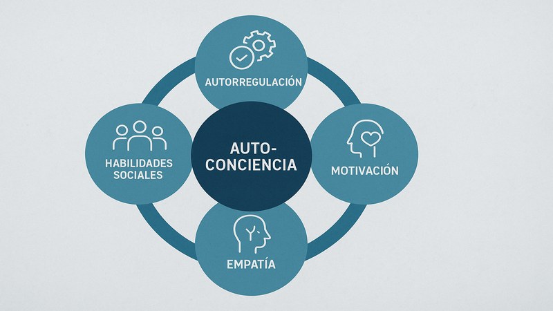 Diagrama circular de los 5 componentes de la inteligencia emocional de Goleman: Autoconciencia en el centro, rodeado de Autorregulación, Motivación, Empatía y Habilidades Sociales con flechas que muestran sus relaciones