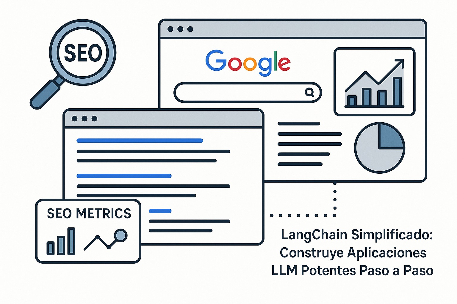 Representación visual de los componentes de LangChain conectándose: LLM, Prompt Template, Chain y Output Parser