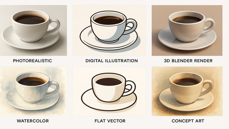Grid de 6 imágenes generadas con IA mostrando diferentes estilos: foto realista, ilustración digital, 3D render, acuarela, arte plano y arte conceptual, con el prompt de estilo correspondiente bajo cada imagen