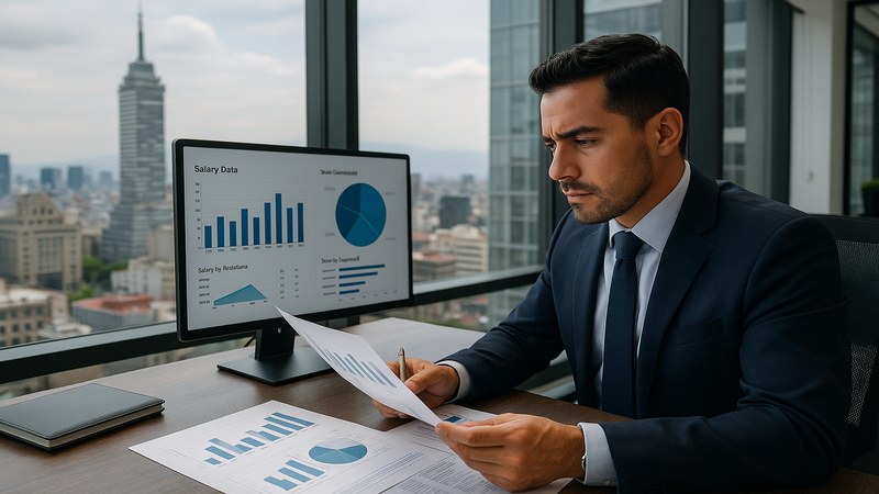 Administrador de empresas en oficina corporativa de CDMX revisando reportes financieros