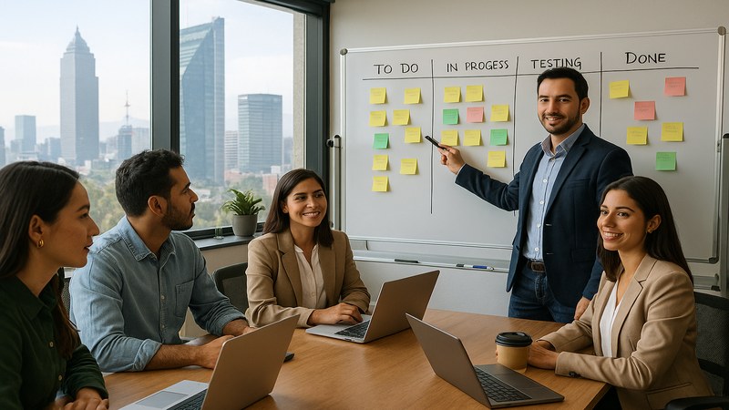Project manager en CDMX liderando equipo con tablero Kanban y metodolog&iacute;a Scrum
