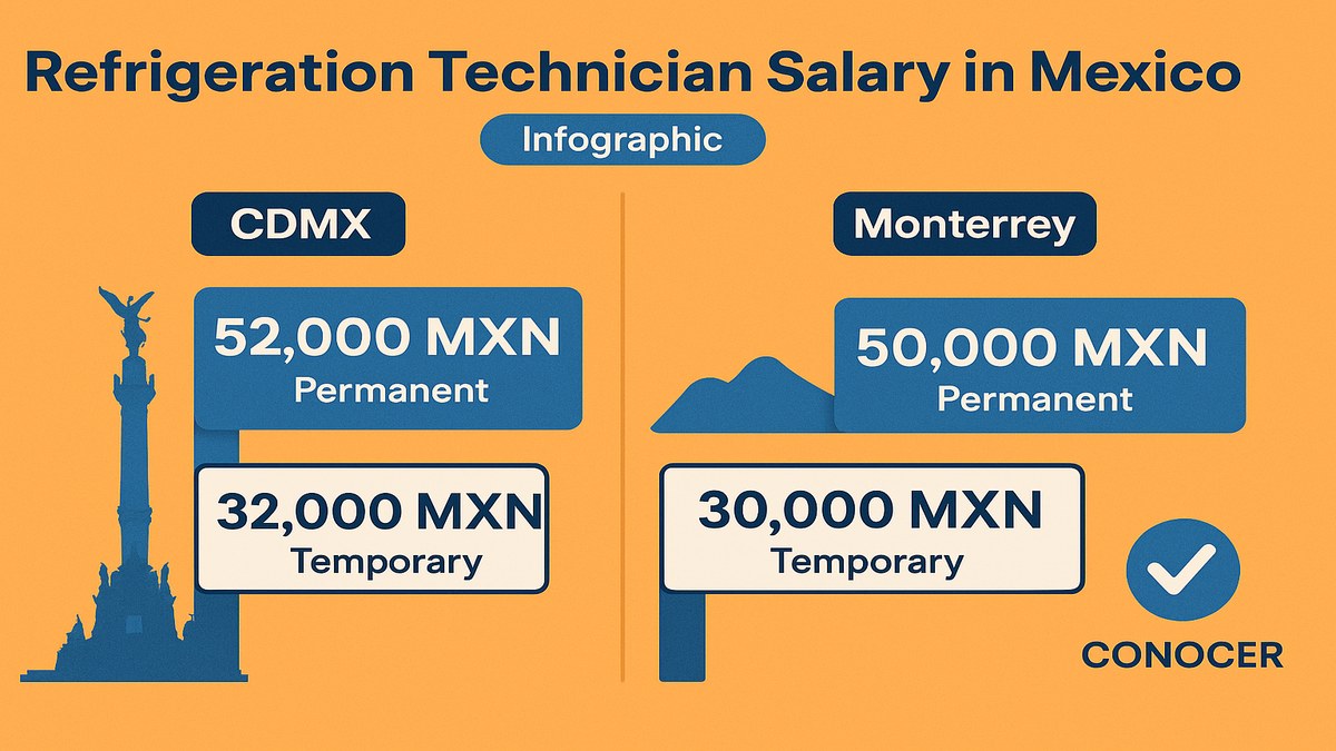 Infograf&iacute;a: sueldo t&eacute;cnico refrigeraci&oacute;n M&eacute;xico 2026 por ciudad y tipo de trabajo