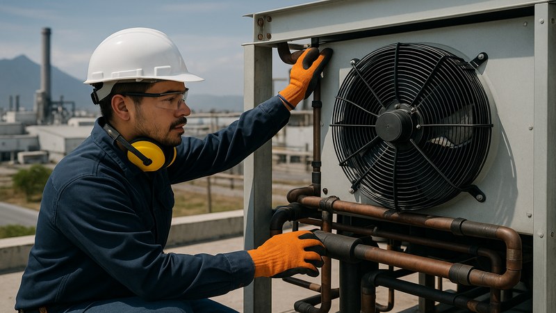 T&eacute;cnico en refrigeraci&oacute;n instalando sistema de aire acondicionado industrial en planta mexicana