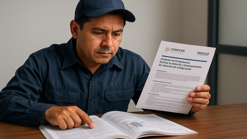 T&eacute;cnico revisando certificaci&oacute;n CONOCER EC0152 para refrigeraci&oacute;n en M&eacute;xico