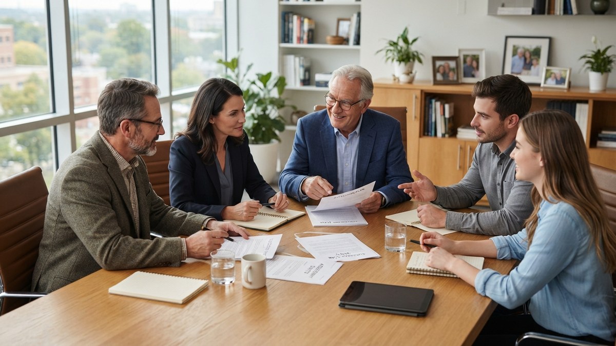 Una familia de empresarios discutiendo planes de sucesión en una sala de juntas, simbolizando la preparación del sucesor.