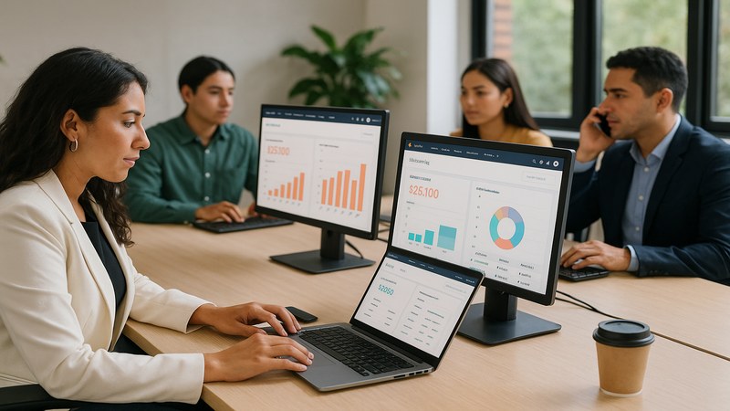 Equipo de ventas en empresa mexicana usando CRM HubSpot en computadoras