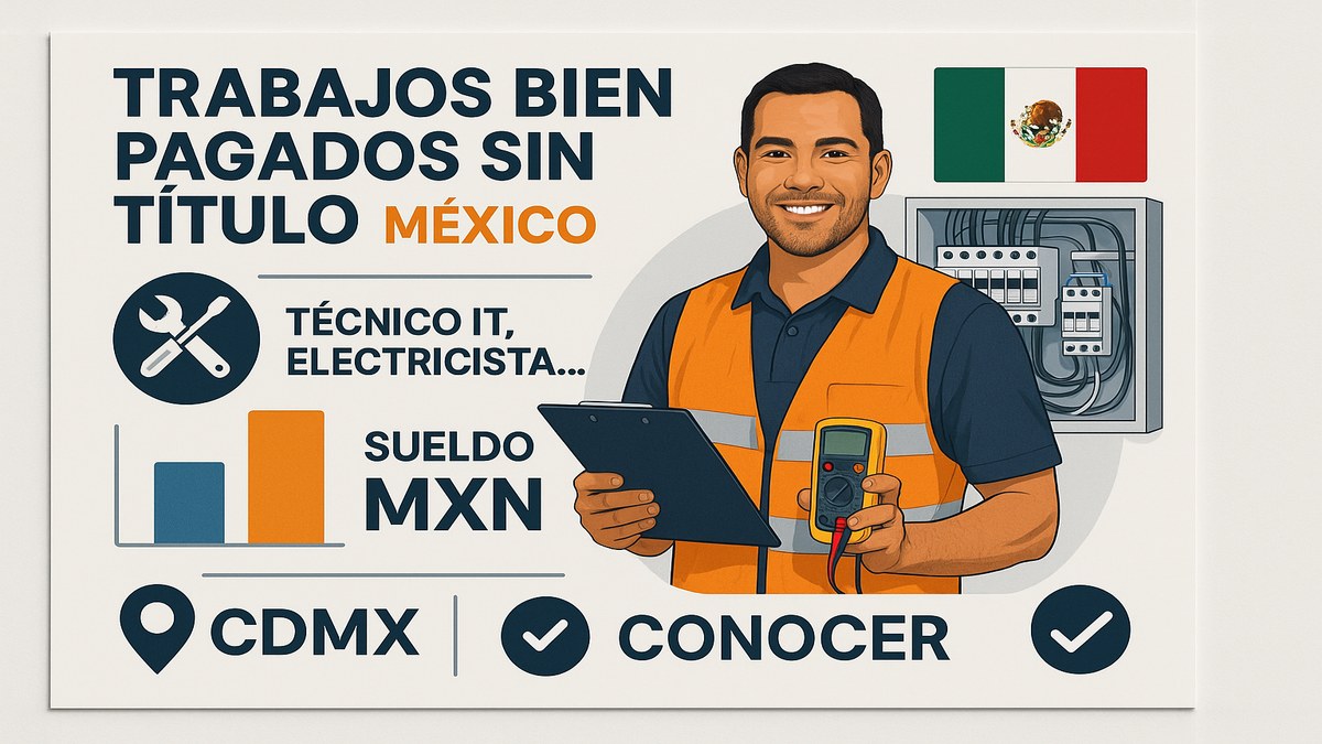 Infograf&iacute;a: trabajos bien pagados sin t&iacute;tulo en M&eacute;xico 2026 con salarios MXN por sector